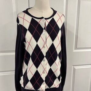 Lands' End Women's Argyle Cardigan Sweater Size Medium Navy & Pink